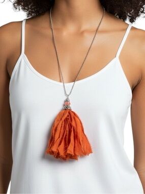 Hand Crafted Orange India Silk Tassel Pendant Necklace NWT Boho Festival